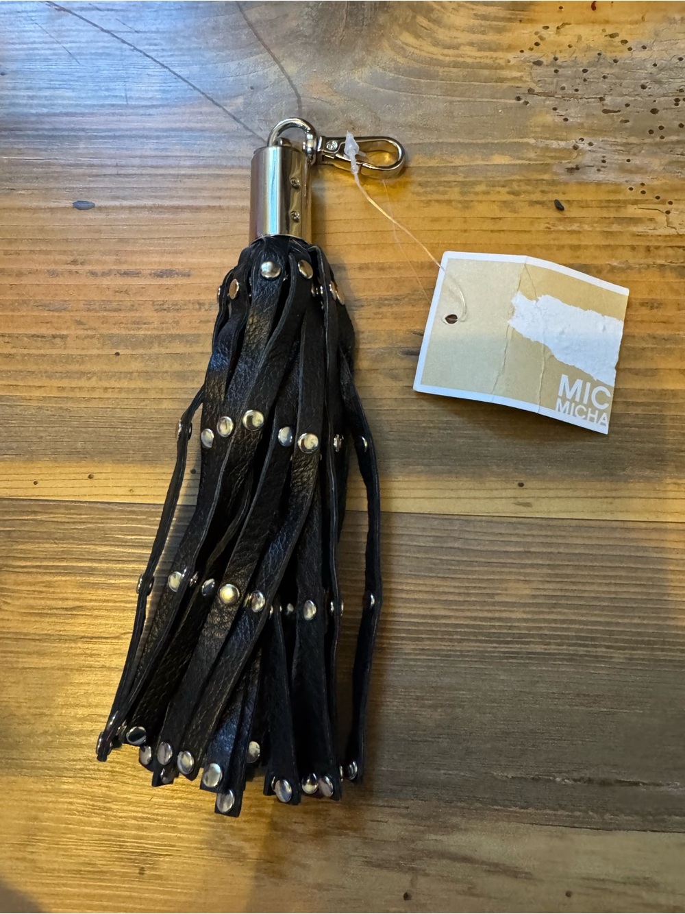 MICHAEL Michael Kors Black Leather Tassel Key & Bag Charm with Silver Studs